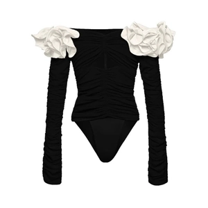 Ruched long sleeve one-piece swimsuit with 3D white floral decor and center cutout