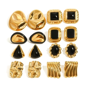 Set of eight vintage-style gold and black geometric earrings made of durable stainless steel