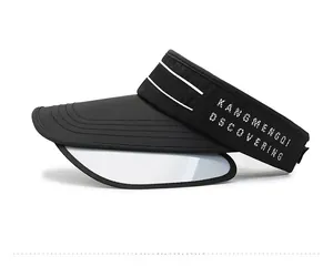 Detail view of adjustable black sun visor with retractable lens and striped side ribbon