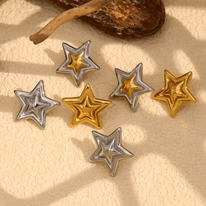 Macro detail of triple-layered star stud earrings in gold and silver stainless steel