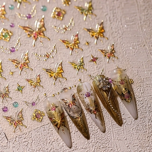 Luxury 5D embossed golden butterfly nail stickers with multi-color 3D gemstone accents