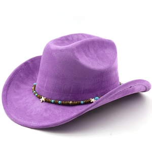 Violetter Western-Cowboyhut aus Wildleder mit böhmischem Seestern und Holzperlenband