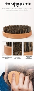 Detail of solid wood beard brush with boar bristles and barber grooming usage scene