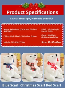 Size chart for Christmas polar bear plush toys made of soft rabbit fur and hollow cotton