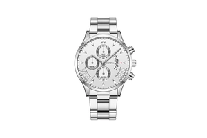 Close-up of Geneva men's steel watch with white triple-dial face and date window