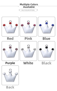 Detail view of crown pet tags in six zircon colors with polished metal backside