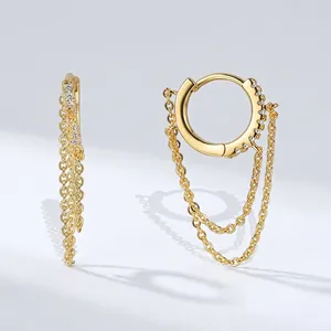 Hoop Earrings With Zirconia And Tassel Chain Pendants 18K Gold Plated Copper Elegant Dangle Jewelry For Women