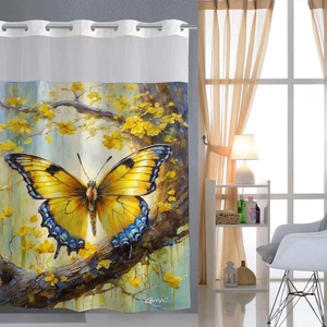 Détail du rideau de douche étanche avec œillets métalliques et peinture de papillon