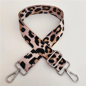 Adjustable nylon shoulder strap with colorful leopard print and silver metal buckles