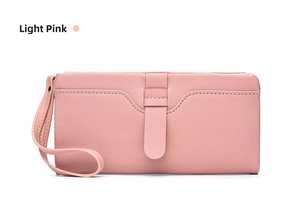 Light pink long women wallet with wrist strap, PU leather fashion purse, card holder.