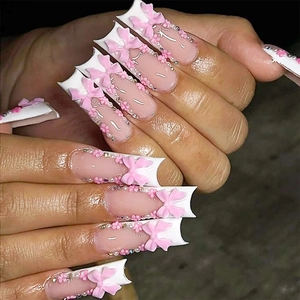 Long Press On Nails French Square Pink 3D Bow Flower Rhinestone Sweet Y2K Style Artificial Fake Nails For Women