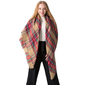 Women's colorful oversized plaid cashmere-feel scarf shawl with fringe in multi-color grid