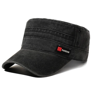 Distressed dark grey washed cotton flat top military cap with FS FASHION side patch
