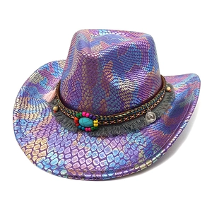 Chapeau De Cowboy Western Peau De Serpent Métallique Avec Perles Turquoise Gland Style Ethnique Bohème