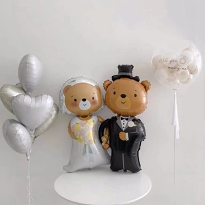 Groom and bride bear foil balloons with heart shapes for wedding party decoration
