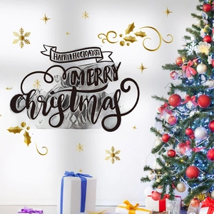 Stickers Muraux De Noël PVC Autocollant Lettres Merry Christmas Flocons De Neige Étoiles Motif Floral Décoration Maison