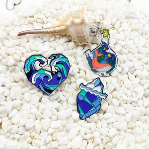 Whale in bottle and sea waves ocean theme enamel brooch pins set on white stones