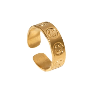 Verstellbarer goldener Edelstahlring mit minimalistisch eingravierten Smiley-Gesichtern