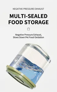 Airtight pet food container showing negative pressure exhaust seal with leak-proof liquid test