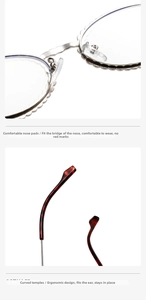 Detail of wavy metal frame with soft silicone nose pads and ergonomic tortoiseshell temples