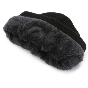 Black knit beanie with thick grey plush lining for winter warmth and wind protection