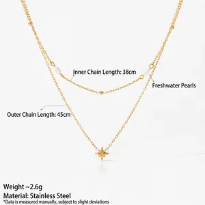 Double-layered stainless steel necklace with star pendant and freshwater pearls