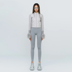 Women's grey high-waist sports leggings and matching vest with faux fur sleeve details