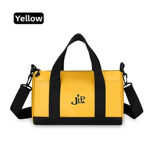Detail of yellow nylon crossbody bag with black handles and JLP logo embroidery