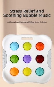Detail of 9 colorful silicone bubbles with numbers and embossed shapes for sensory play