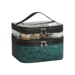 Double-layer dark green geometric makeup bag with transparent top and sturdy handle