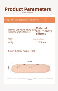 Detail view of silicone cat paw makeup brush bag with magnetic closure and size specs