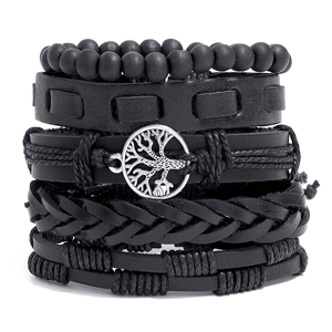 Set of 5 black handmade leather braided bracelets with silver Tree of Life charm
