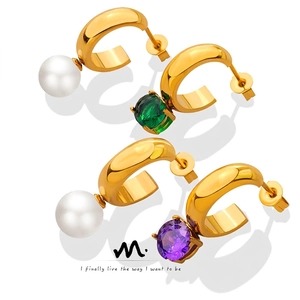 Vintage C-Shaped Hoop Earrings Titanium Steel With Purple Green Zircon And White Artificial Pearl Jewelry For Women