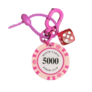 Pink Monte Carlo poker chip keychain with red transparent dice and bead chain pendant