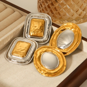 Stainless Steel Geometric Earrings 18K Gold Plated Mixed Tone Hammered Texture Large Exaggerated Fashion Jewelry For Women