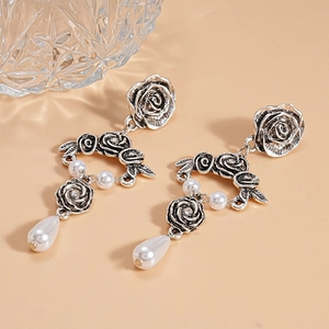 Vintage floral pearl drop earrings with silver pins in elegant Victorian palace style