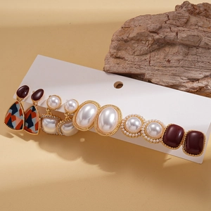 Elegant vintage geometric faux pearl and resin earrings set with gold-plated alloy finish