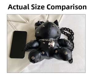 Detailed view of black bear PU bag with silver rivets and size comparison to a smartphone
