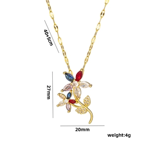 Vintage gold flower necklace with colorful zircon petals and adjustable 40+5cm chain