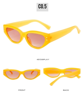 Multi-angle view of cat eye sunglasses with yellow frame and orange gradient lenses
