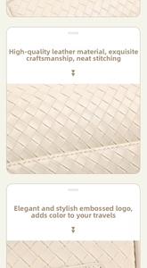 Close-up of cream woven PU leather material with detailed stitching on the toiletry bag
