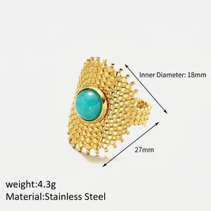 Bohemian gold plated stainless steel ring with turquoise stone and fan design details