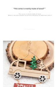 Macro view of wooden Christmas truck ornament with hollow trees and red Merry sign tag