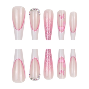 Pink French long ballet press-on nails with butterfly designs and sparkling rhinestones