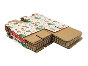 Detail of stacked corrugated cardboard Christmas gift boxes showing thickness and prints
