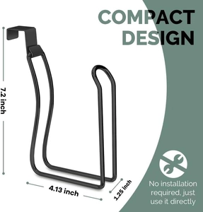 Compact black iron toilet paper holder with product dimensions and no installation needed