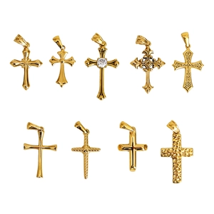 Set of nine 18K gold plated titanium steel cross pendants with crystal rhinestones
