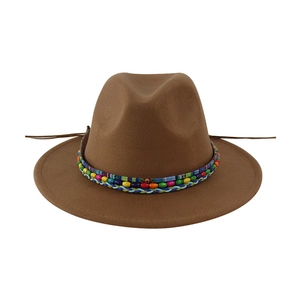 Brown wool felt fedora hat featuring colorful bohemian beaded band and ethnic braided rope