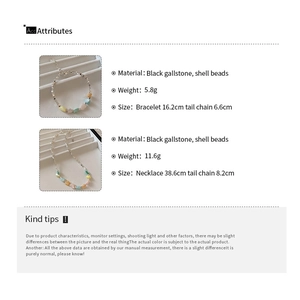 Detailed size specifications for beaded necklace and bracelet set with shell beads