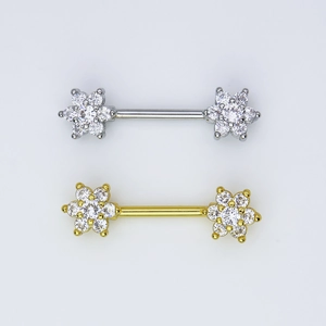 Surgical stainless steel nipple ring with sparkling cubic zirconia floral designs